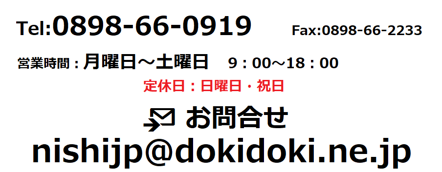 営業時間：月曜～土曜　9:00～18:00　定休日：日曜・祝日　SAFETYBUS　お問合せnishijp@dokidoki.ne.jp