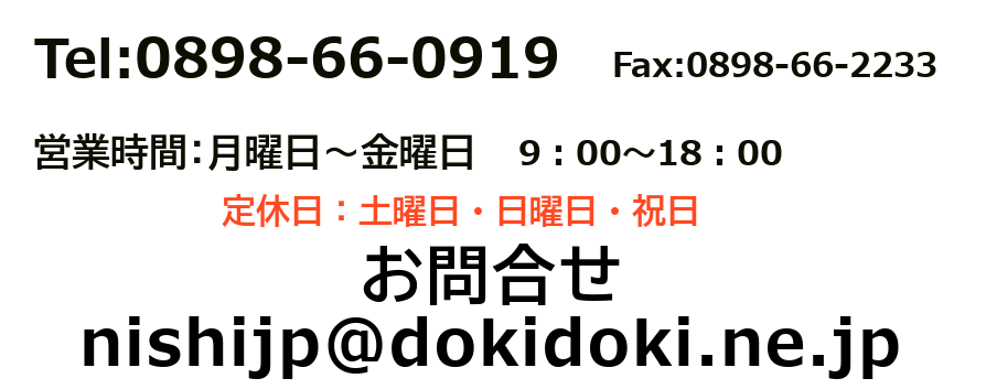 営業時間：月曜～土曜　9:00～18:00　定休日：日曜・祝日　SAFETYBUS　お問合せnishijp@dokidoki.ne.jp